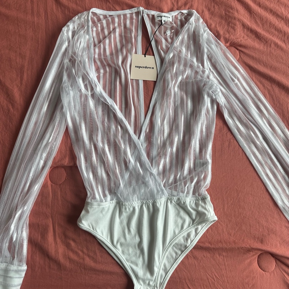Superdown Sheer Striped Bodysuit in White